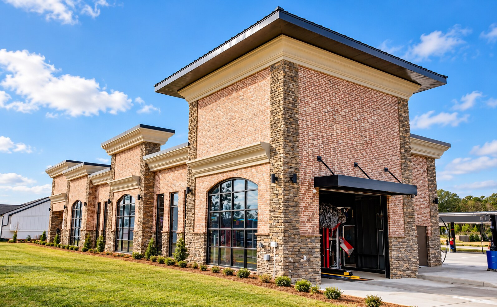 Brick exterior and entrance of a completed car wash